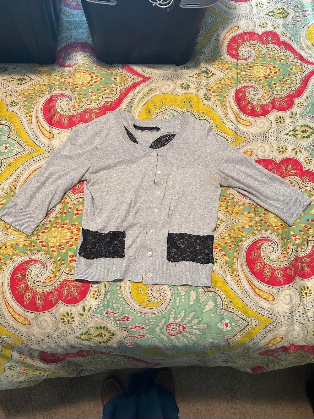 Source Unknown Gray Cardigan with Black Lace Pocket Accents